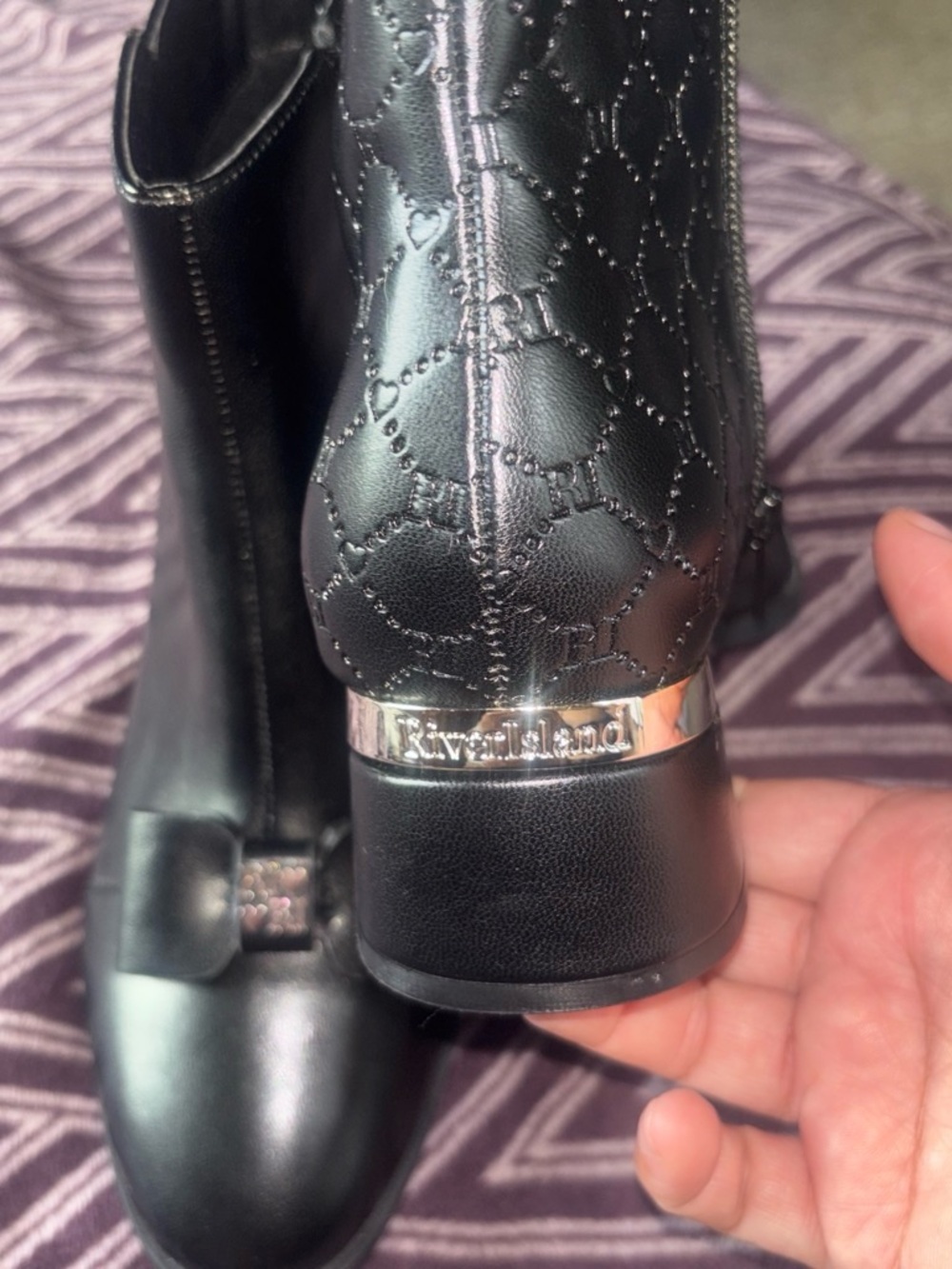 River Island Black Quilted Logo Ankle Boots with Silver Trim